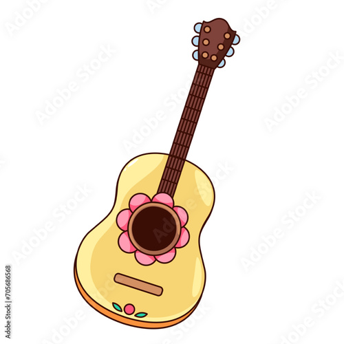 Groovy cartoon acoustic guitar of hippy with flower. Funny musical instrument to play hippie and country music, retro classic guitar mascot and cartoon sticker of 70s 80s style vector illustration