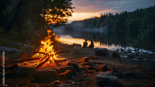 campfire in the forest near the lake © john