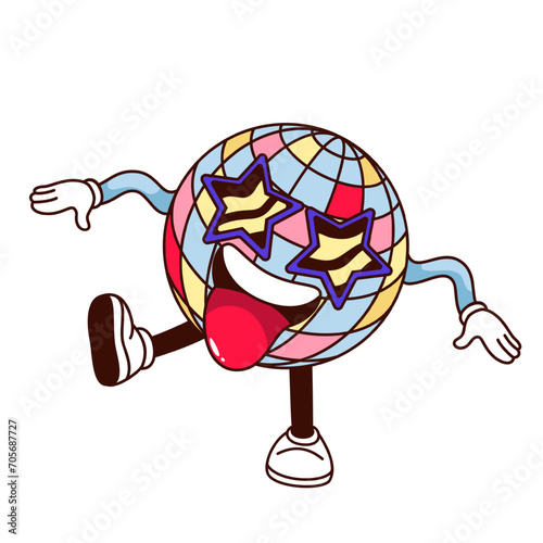 Groovy cartoon disco ball character with star shape sunglasses. Funny dance of globe with rainbow pattern and sticking tongue, retro disco mascot, cartoon sticker of 70s 80s style vector illustration