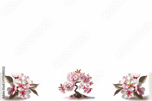 Japanese cherry blossom (Sakura) flowers as border on white background, with space for text