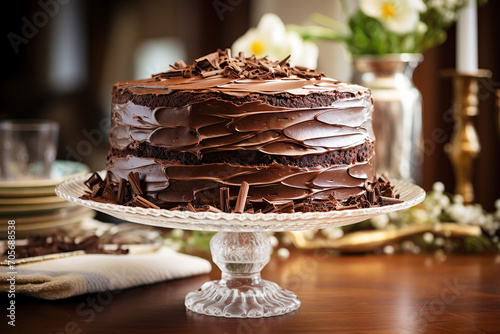 Classic chocolate cake with glossy frosting on an crystal cake stand. Popular dessert for Birthday photo