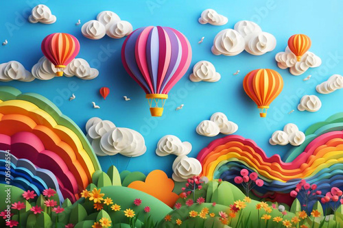 Clouds on blue sky background with summer sun, butterfly, hot air balloons and rainbow. Vector illustration. Paper cut style. Place for tex