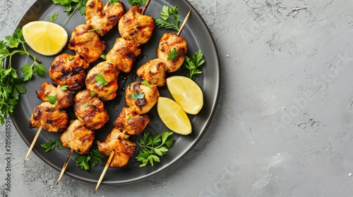 Chicken kebab skewers on a plate over light grey slate, stone or concrete background . Top view with copy space. 