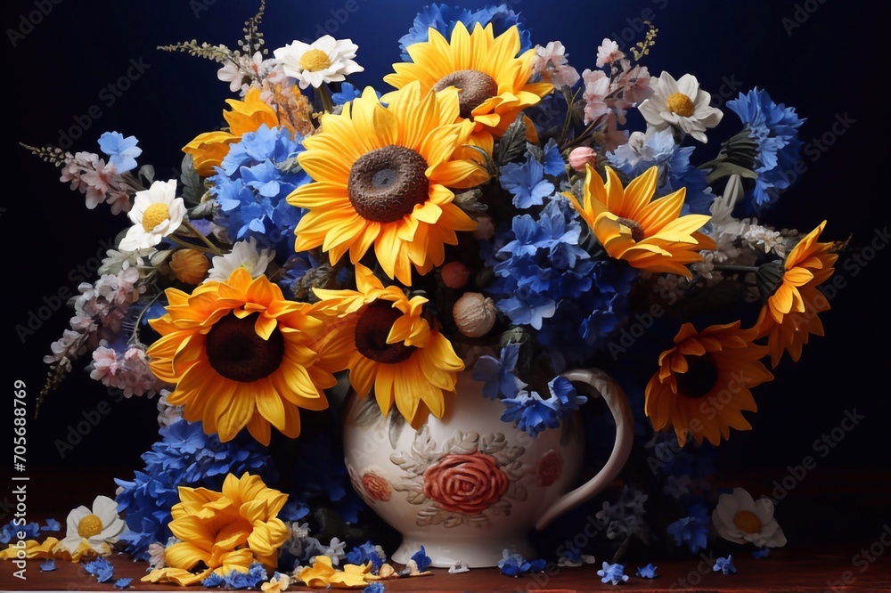 Sunflowers and cornflowers in vase