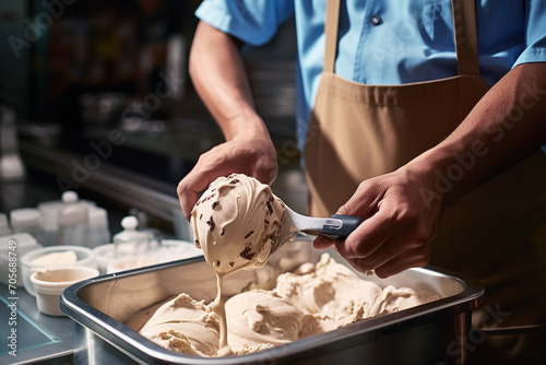 A gelato maker expertly scoops a serving of creamy gelato dotted with chocolate pieces, showcasing culinary artistry. photo