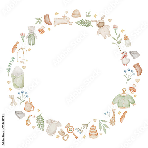 Cute watercolor wreath with baby clothes, toys and twigs, baby Shower Invitations.