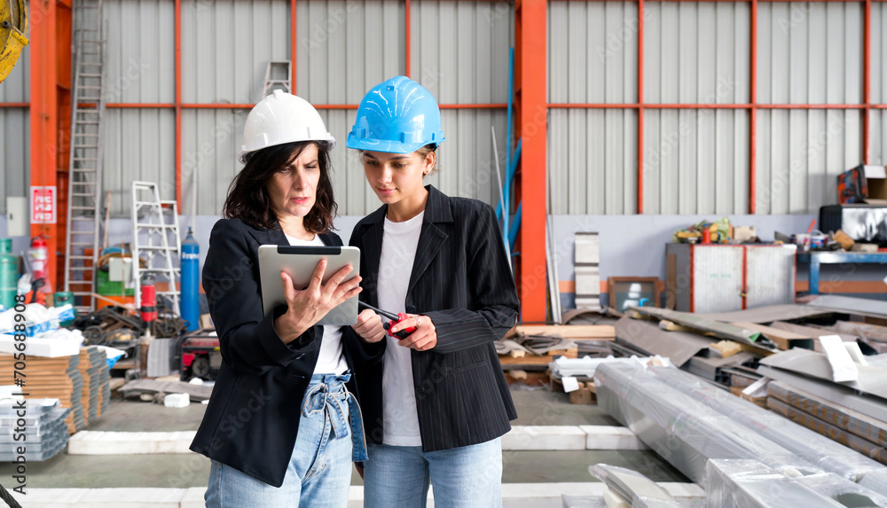 Two women wearing hard hats are standing in a warehouse, inspecting the inventory or supervising the operations. - obrazy, fototapety, plakaty 