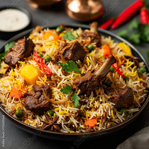 Biryani, flavorful rice dish food for Eid al-Adha holiday, Muslim festival, ai technology photo