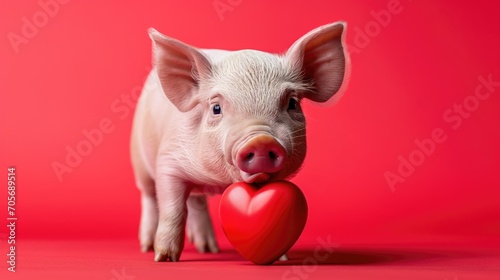 Little cute piglet standing ovet the red heart with his tongue on Saint Valentine's day or Women's day on red background © NickArt