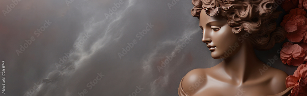 Banner. Antique bust of woman on grey background. feminine beauty. AI generated plastic texture Banner. Antique bust of woman on grey background. feminine beauty. AI generated plastic texture