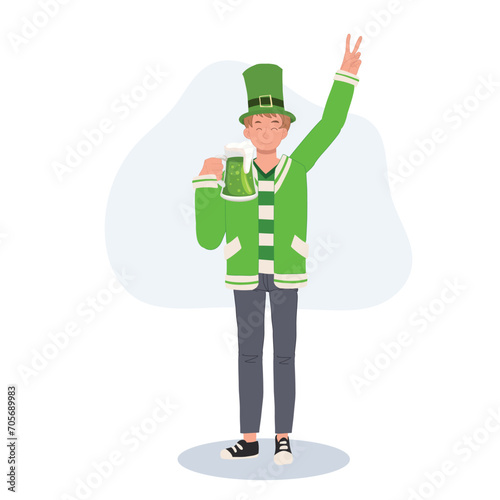 St Patrick's Day Celebration with Green Beer. Smiling Man Celebrating with Green Beer