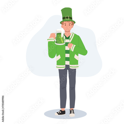 St Patrick's Day Celebration with Green Beer. Smiling Man Celebrating with Green Beer