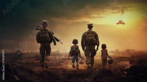 Men and children in the military operations damage area. AI generated image