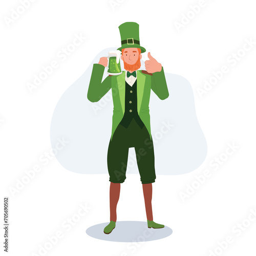 St Patricks Day Celebration with Man in Leprechaun Costume Holding Beer Mug