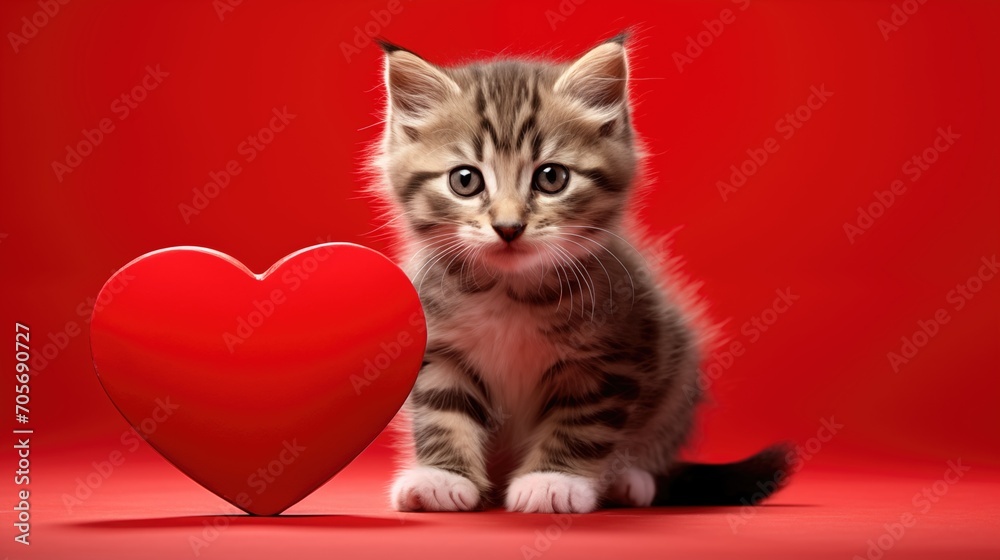 Little furry brown kitten sitting next to the red heart on Saint Valentine's day or Women's day on red background Little furry brown kitten sitting next to the red heart on Saint Valentine's day or Women's day on red background
