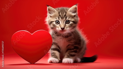 Little furry brown kitten sitting next to the red heart on Saint Valentine's day or Women's day on red background