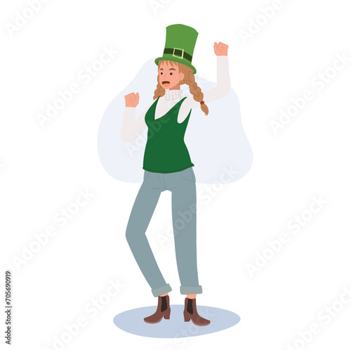 Cheerful Woman Dancing in St Patricks Day Celebration. Irish St Patricks Day Celebration