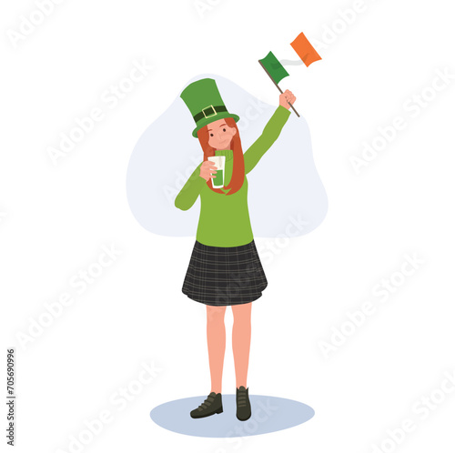 St. Patrick's Day Festive. Joyful Woman with Irish Flag
