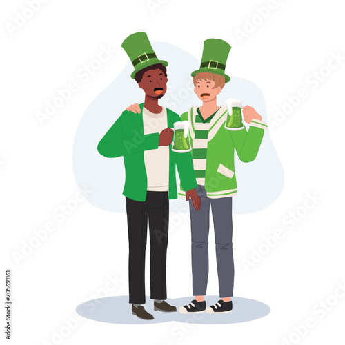 Irish Cultural Celebration. Festive St Patrick's Day Party. Two Guys Enjoying Green Beer.