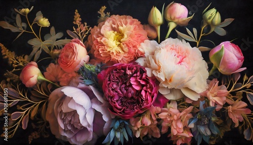 Generative ai Baroque Flourish: Vintage Bouquet on Dark Canvas © Mureed