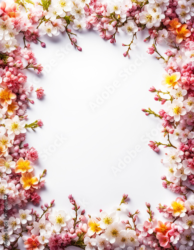 frischer Rahmen aus bunten Blumen Blüten des Frühling und Sommer voller Kraft und Farbe als Dekoration Hintergründe Vorlagen sommerlich leichte Gefühle florale Grußkarte Papier freier Raum im Zentrum