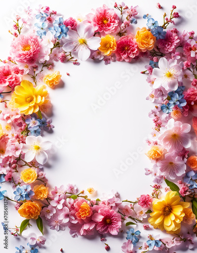 frischer Rahmen aus bunten Blumen Blüten des Frühling und Sommer voller Kraft und Farbe als Dekoration Hintergründe Vorlagen sommerlich leichte Gefühle florale Grußkarte Papier freier Raum im Zentrum