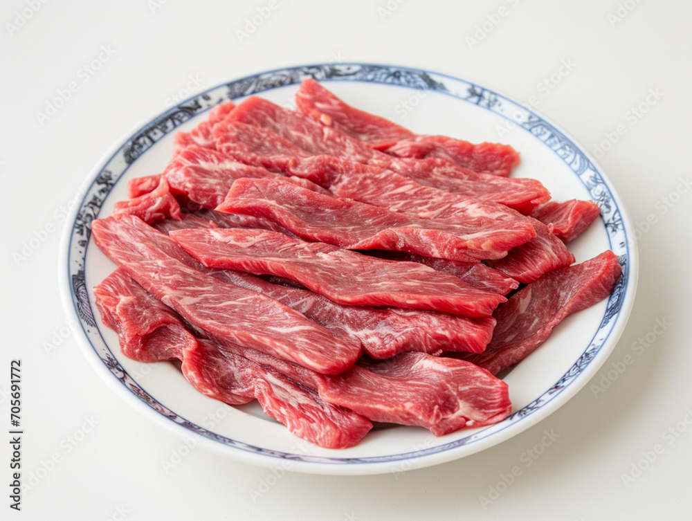The raw beef strips on the plate