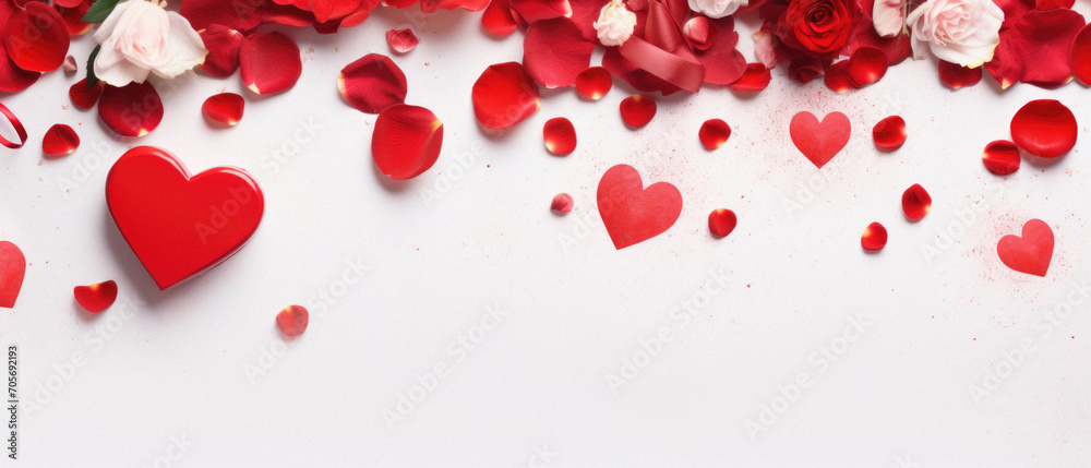 Valentine's day background with red heart and rose petals.