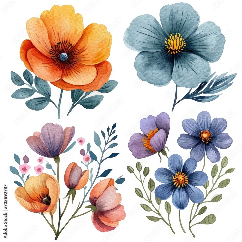 Set watercolor flowers isolated white background