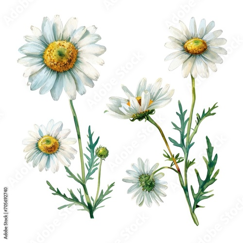 Set watercolor chamomile flowers isolated white background