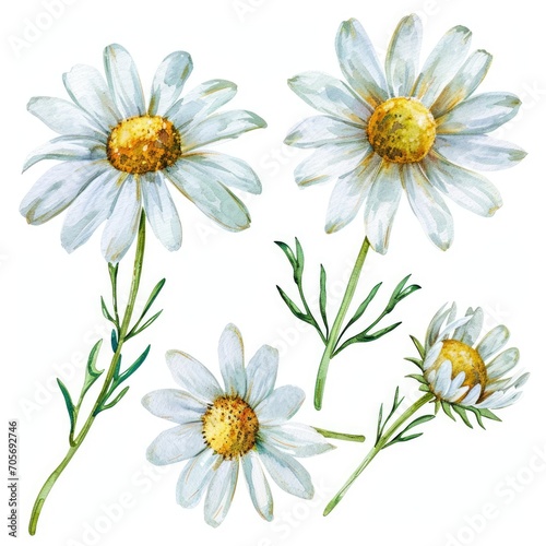 Fototapeta Naklejka Na Ścianę i Meble -  Set watercolor chamomile flowers isolated white background