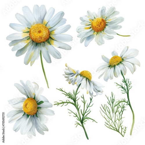 Set watercolor chamomile flowers isolated white background