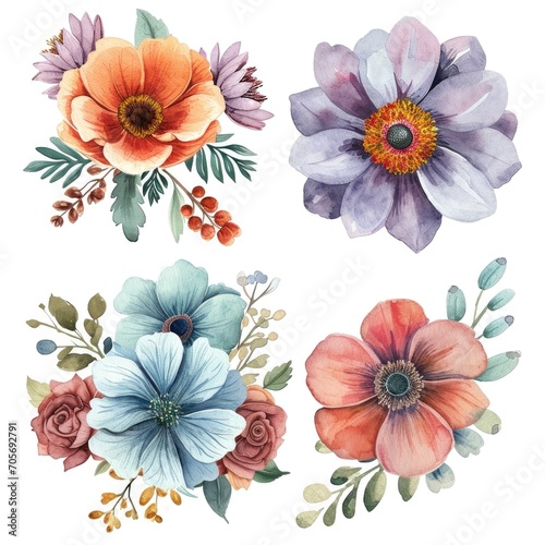 Set watercolor flowers isolated white background