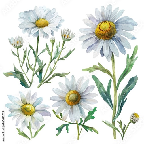 Set watercolor chamomile flowers isolated white background