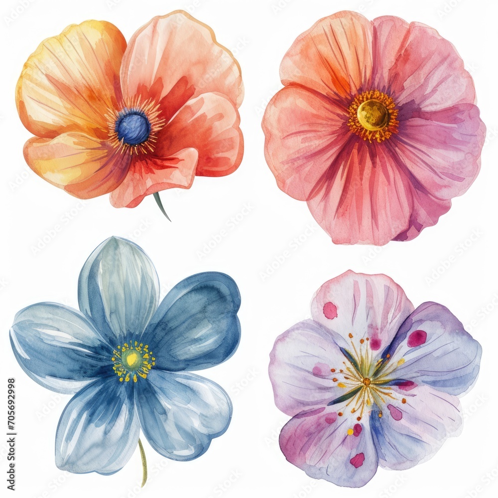 Set watercolor flowers isolated white background Set watercolor flowers isolated white background