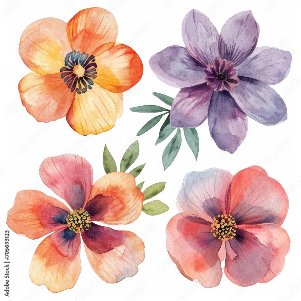 Set watercolor flowers isolated white background Set watercolor flowers isolated white background