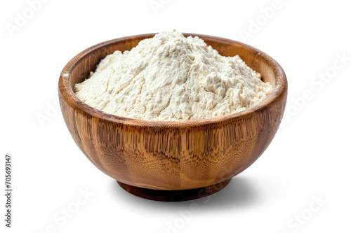 Wooden bowl with flour isolated on white or transparent background