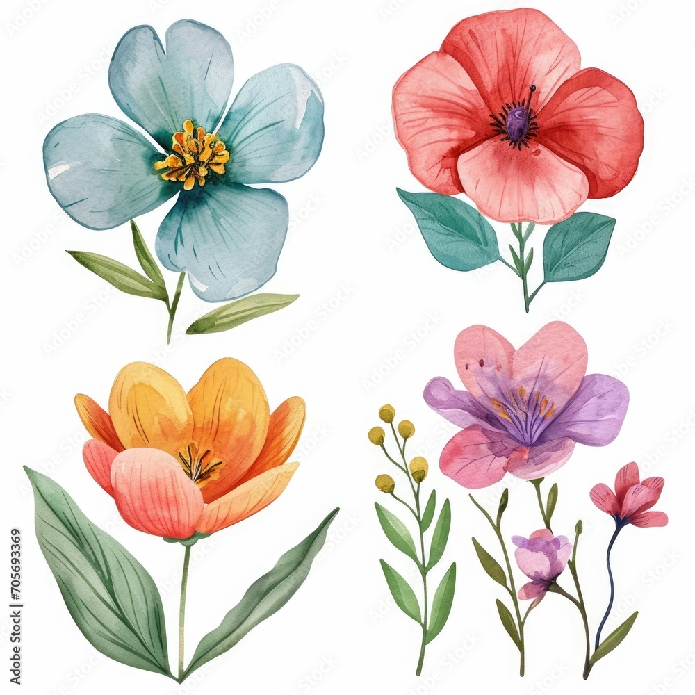 Set watercolor flowers isolated white background Set watercolor flowers isolated white background
