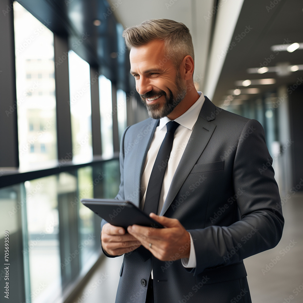 Smiling businessman confidently using a tablet computer in a modern office building, showcasing corporate success with technology and professionalism Smiling businessman confidently using a tablet computer in a modern office building, showcasing corporate success with technology and professionalism