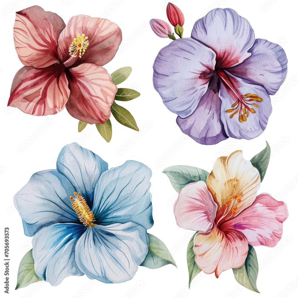 Set watercolor flowers isolated white background Set watercolor flowers isolated white background
