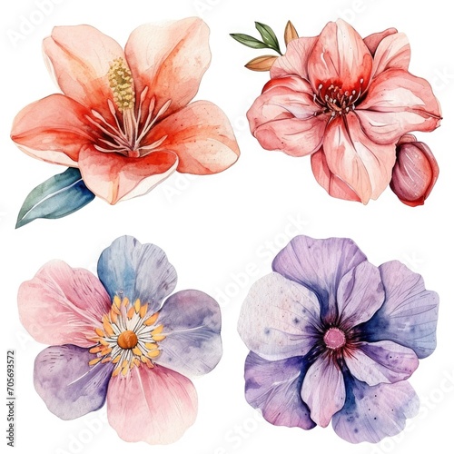 Set watercolor flowers isolated white background