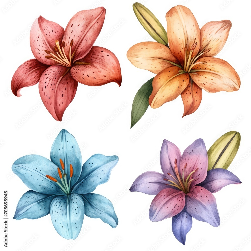 Set watercolor lily flowers isolated white background - obrazy, fototapety, plakaty 