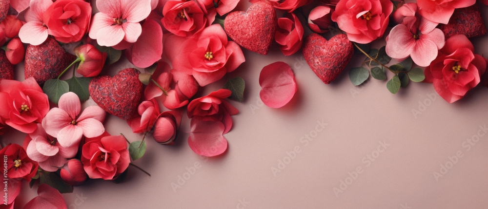 Valentine's Day background with red roses, hearts and leaves. Valentine's Day background with red roses, hearts and leaves.