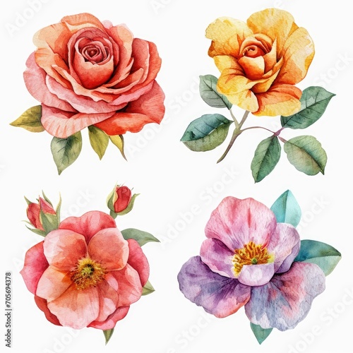 Set watercolor rose flowers isolated white background