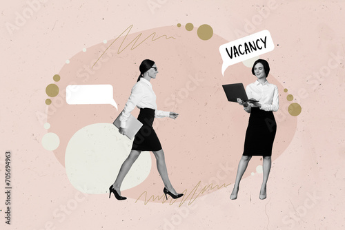 Pop pinup collage retro banner of hr lady using netbook posting job offer advert wait for candidates