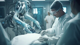A surgeon assisted by high precision programmable automation robot arms operating patient in high tech hospital