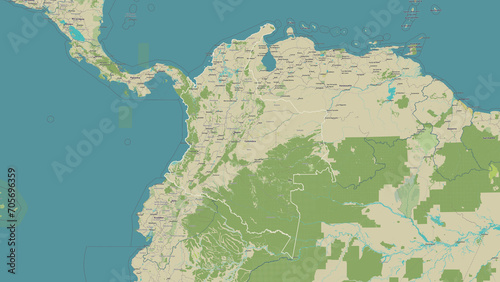 Colombia outlined. OSM Topographic Humanitarian style map