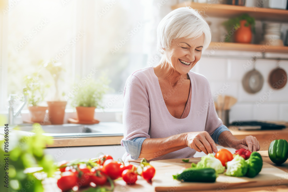 Smiling elderly aged woman cooking vegetables dish in kitchen at home. Grandma preparing vegan food, meal. Healthy food, vegetarian concept. Dieting and healthy lifestyle. Active seniors cook at home