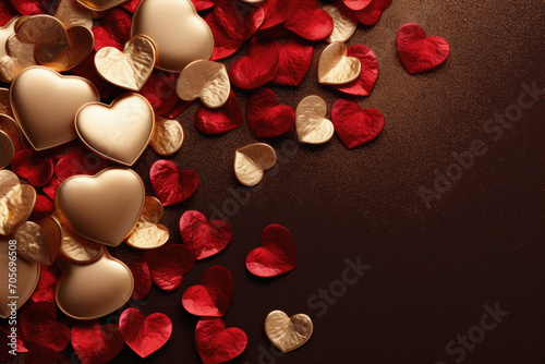 Valentines day background with red and gold hearts on brown background.