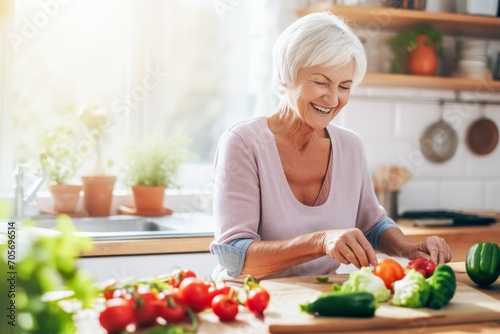 Smiling elderly aged woman cooking vegetables dish in kitchen at home. Grandma preparing vegan food, meal. Healthy food, vegetarian concept. Dieting and healthy lifestyle. Active seniors cook at home